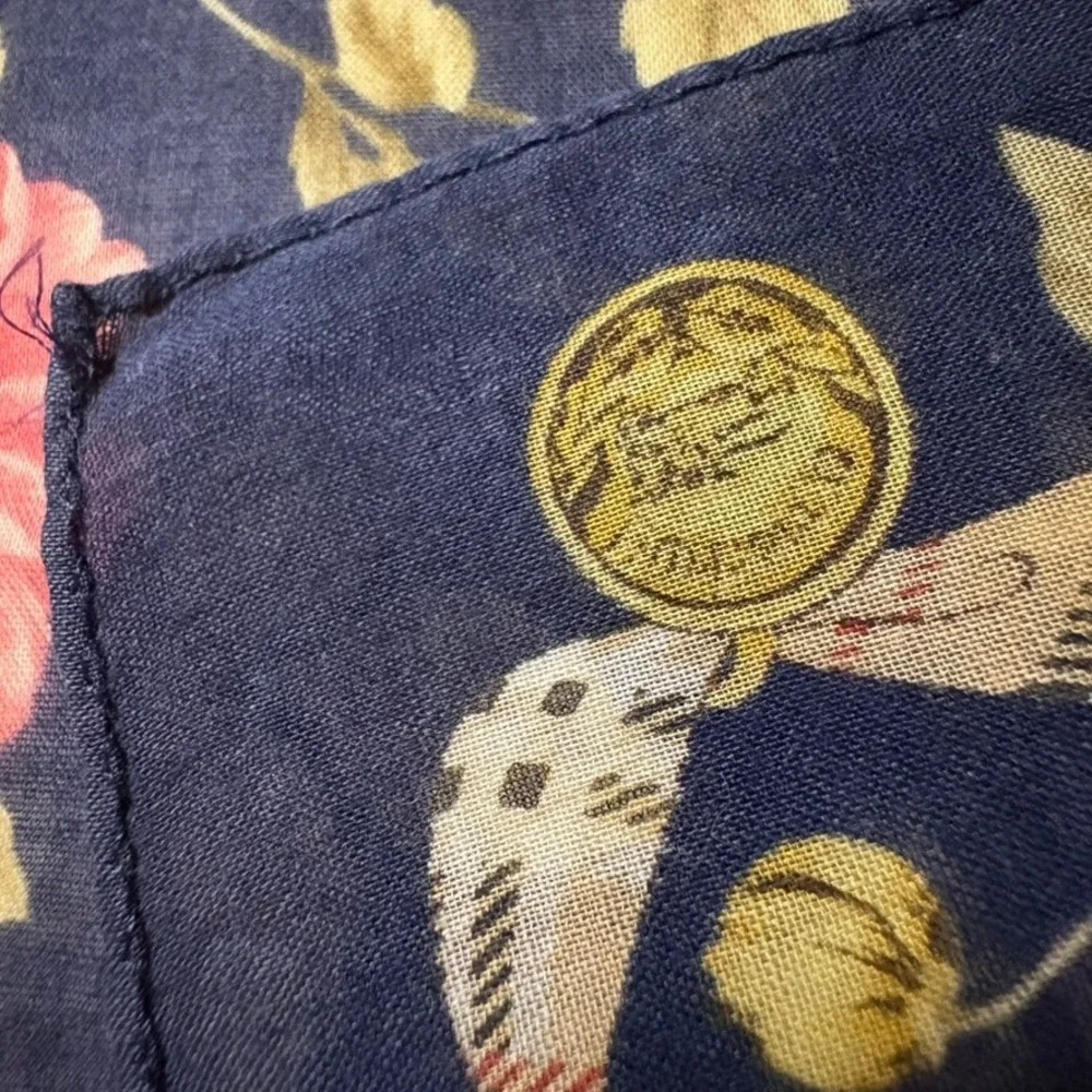 Vtg BURBERRYS Scarf Handkerchief Floral Navy Blue 19.5